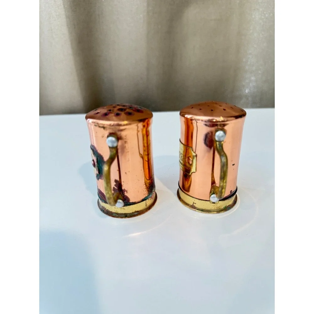 Vintage Copper and Brass Salt and Pepper Shakers Rustic Mug Tankard Set